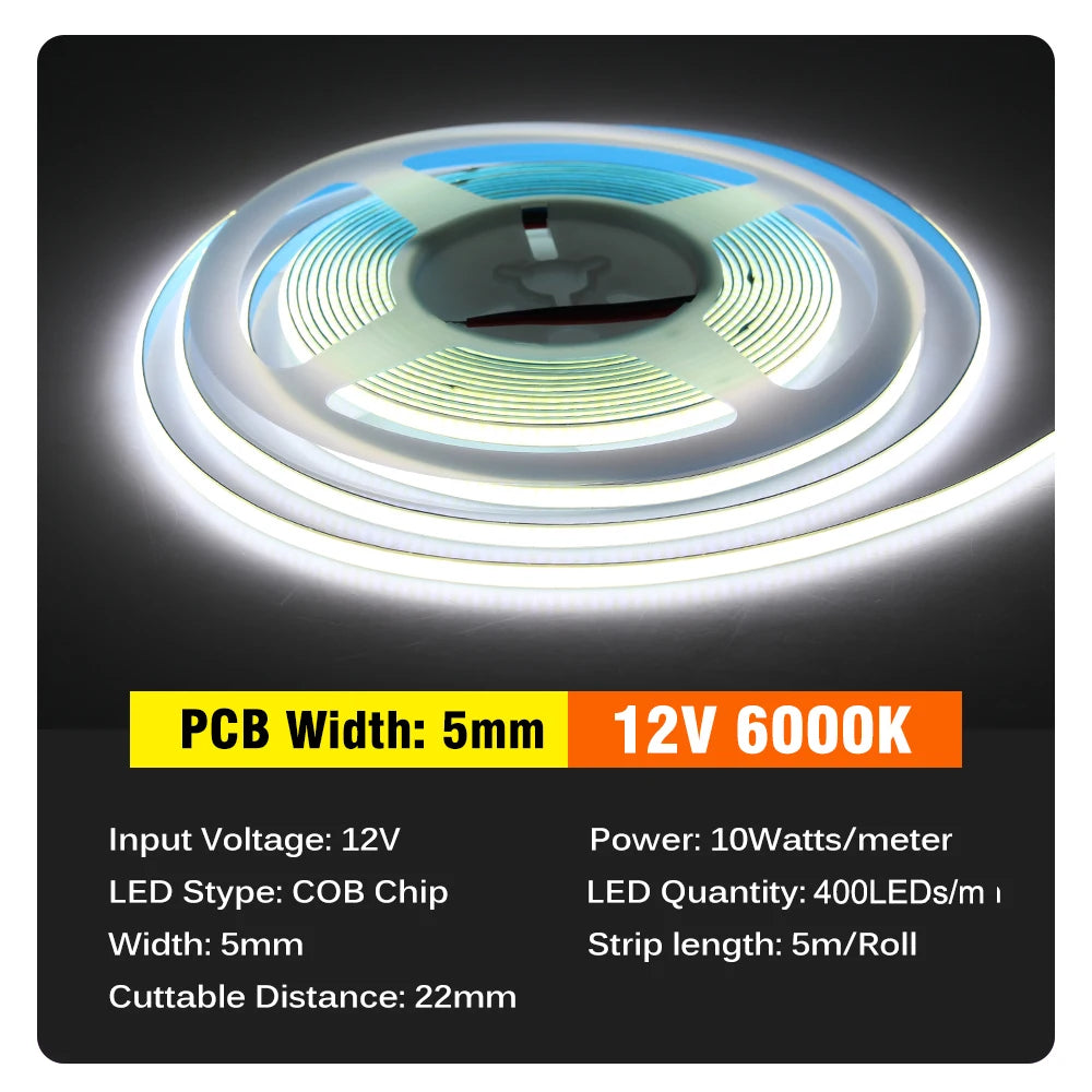 ruban led cob blanc 3mm 5mm 12v 24v lisse moderne connecteurs 5mètres rouleau