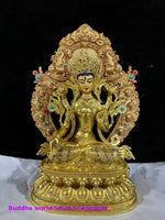statue bouddhiste or bleu rouge turquoise décoration florale tibétain multiple bras base lotus