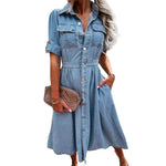 robe jean bleu clair patchwork boutons poches casual femme coton polyester extensible