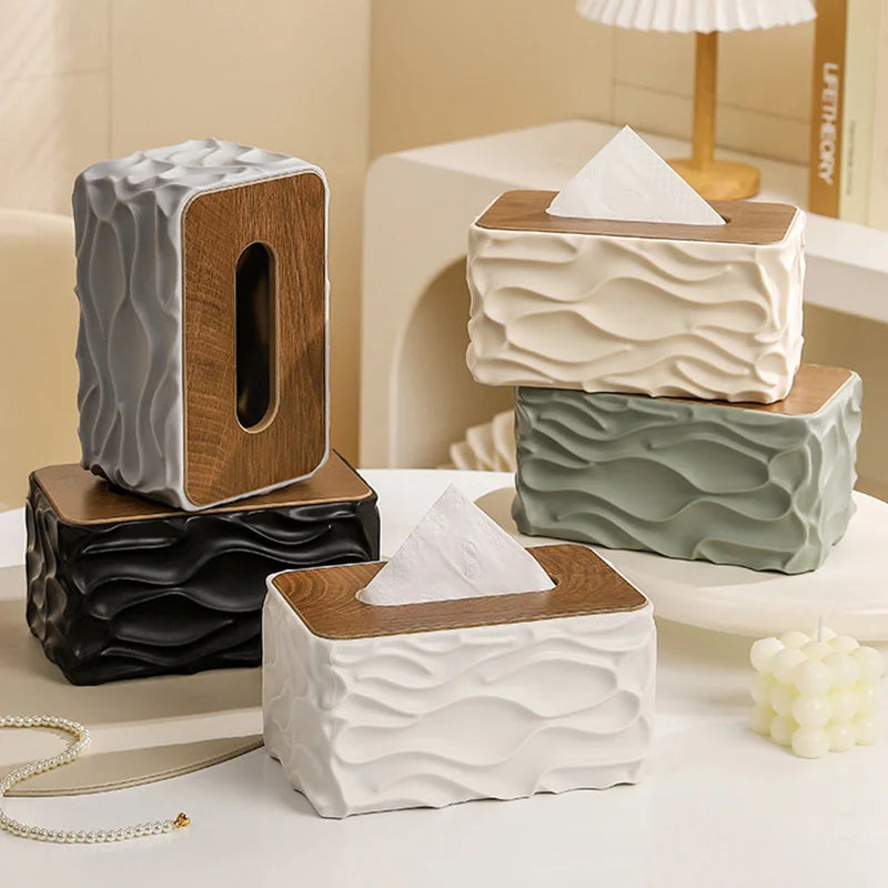 boîte mouchoirs moderne plastique blanc texture ondulée mouchoirs blancs bois foncé