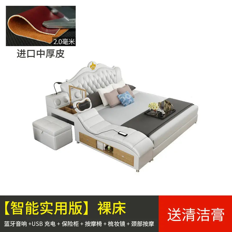 lit multifonctionnel moderne blanc gris oreillers coussins simili cuir rangement sous lit tablette intégrée