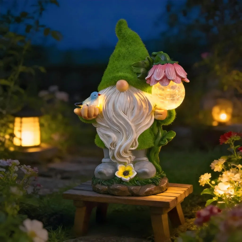 statue gnome solaire decoration jardin lumiere nocturne fleur oiseau transparence féerique rustic