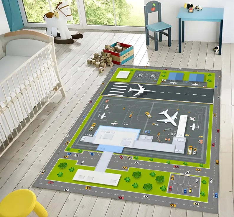 tapis moderne aéroport avions pistes vert gris blanc salon chambre décoratif polyester polypropylène