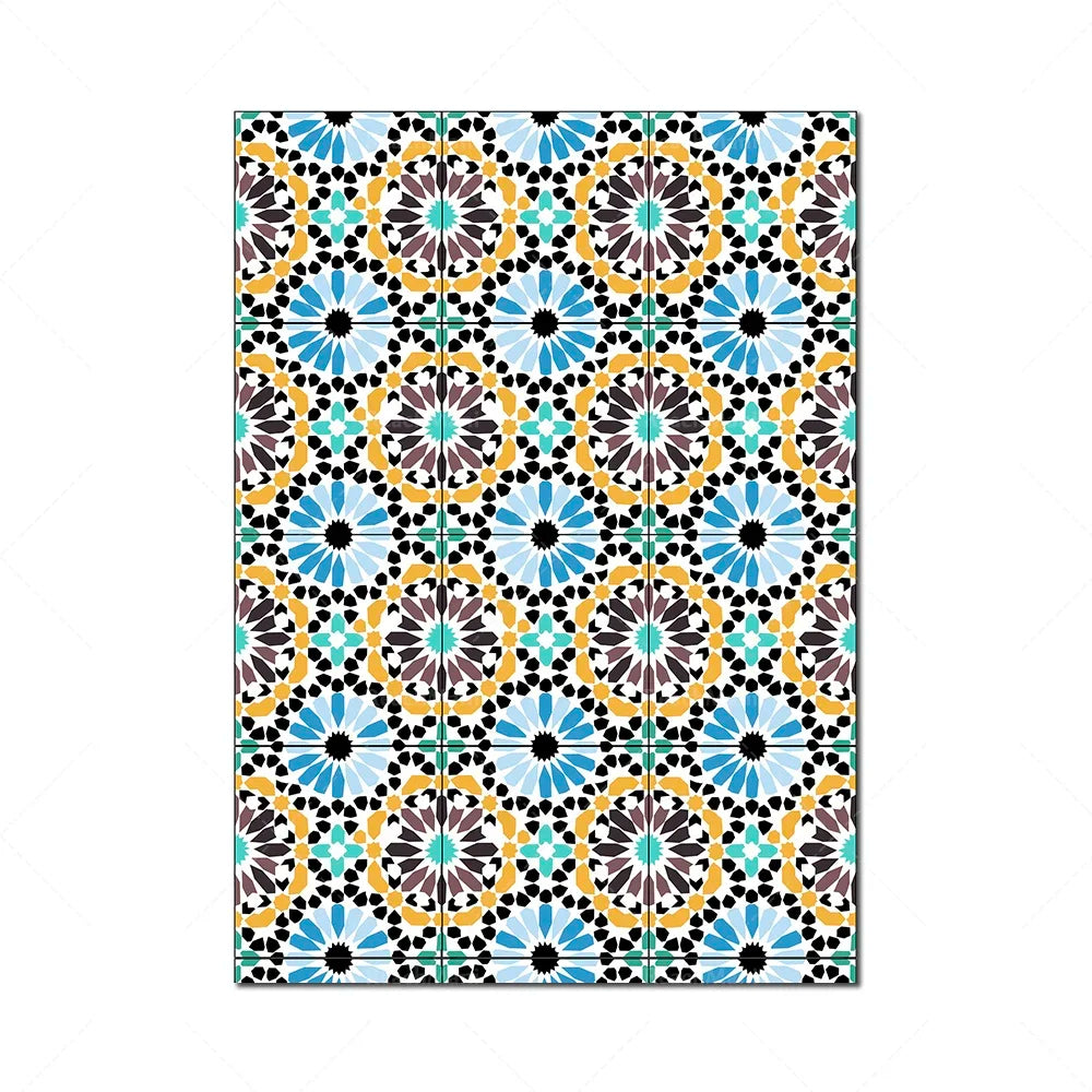 Motif géométrique en mosaïque aux couleurs vives et contrastées, composé de formes florales et circulaires dans une variété de teintes bleues, jaunes et brunes.