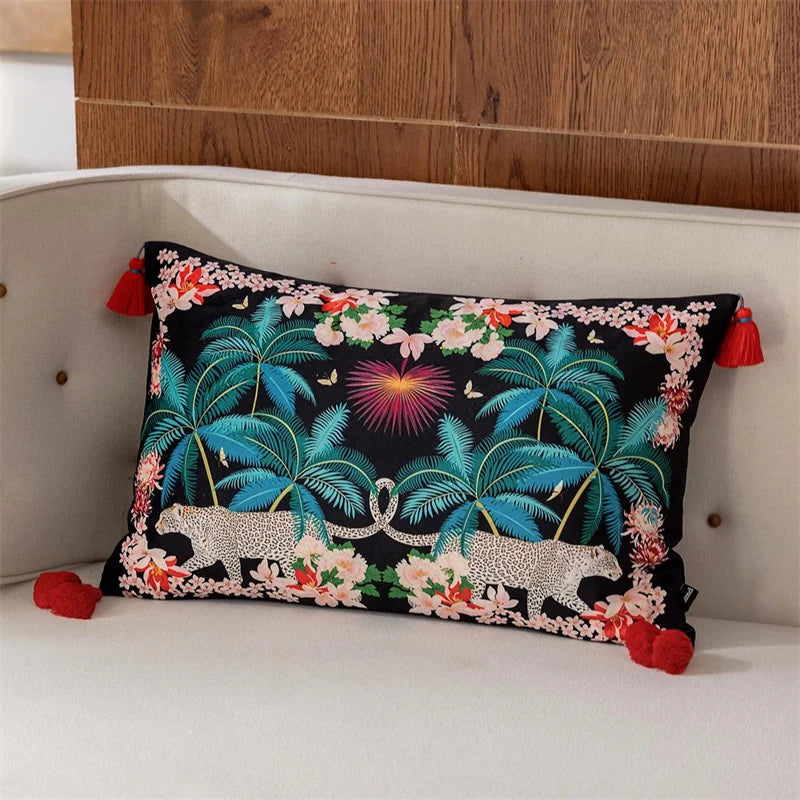taie d'oreiller imprimée léopard tropical velours carré moderne deux côtés opaques tassel rouge océanique