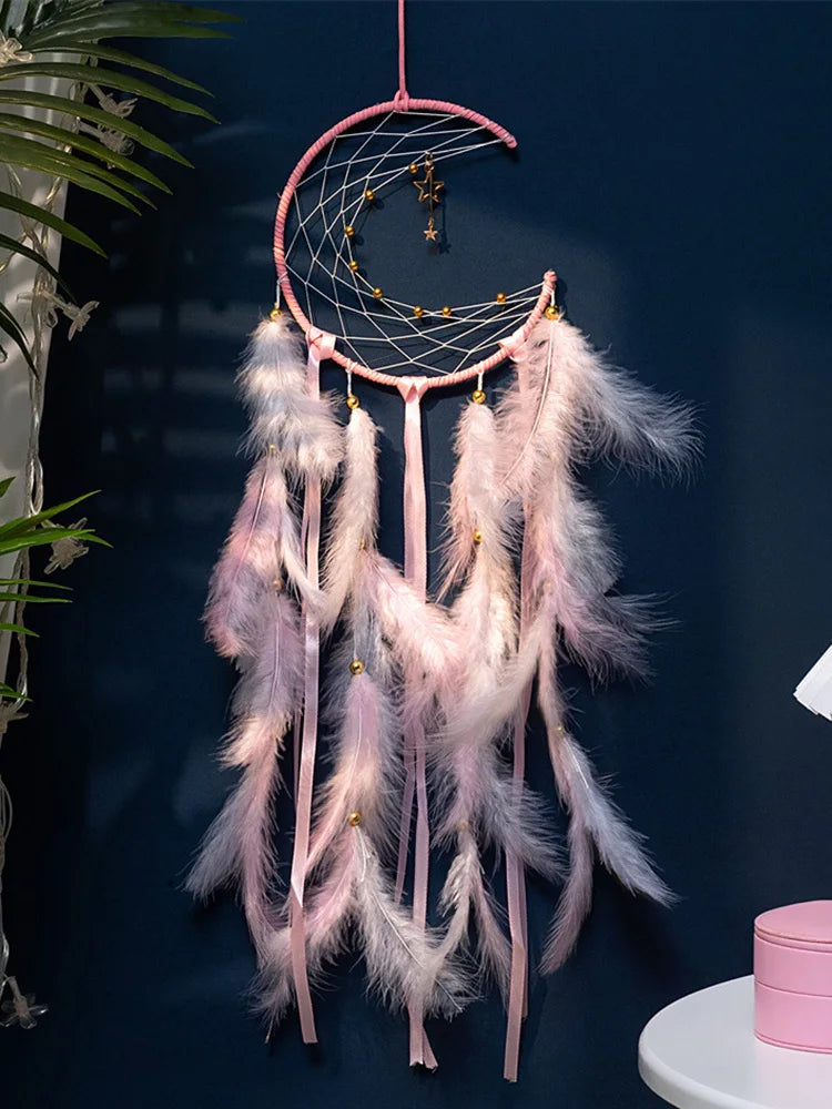 attrape rêves plumes lune boho rose bleu blanc décoratif chambre fil suspendu