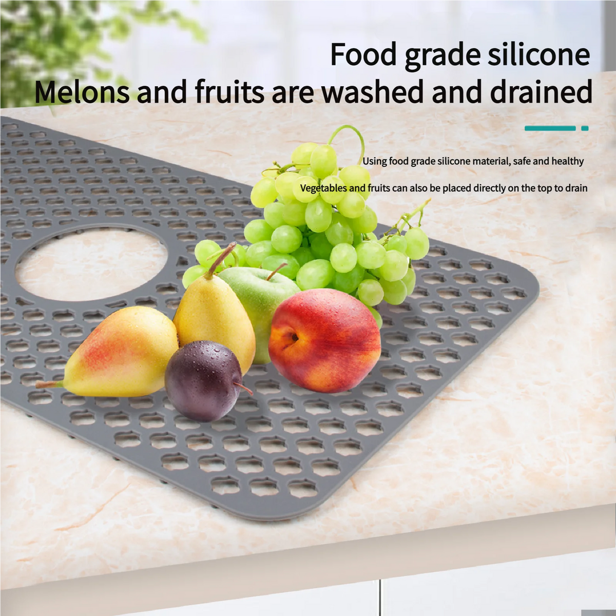 tapis drain silicone perforé moderne gris bleu fond évier respectueux environnement 63x33cm
