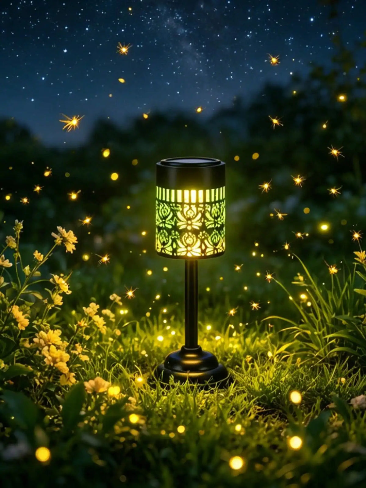 lampe solaire extérieure led ip65 protection florale ajourée noir verte jaune