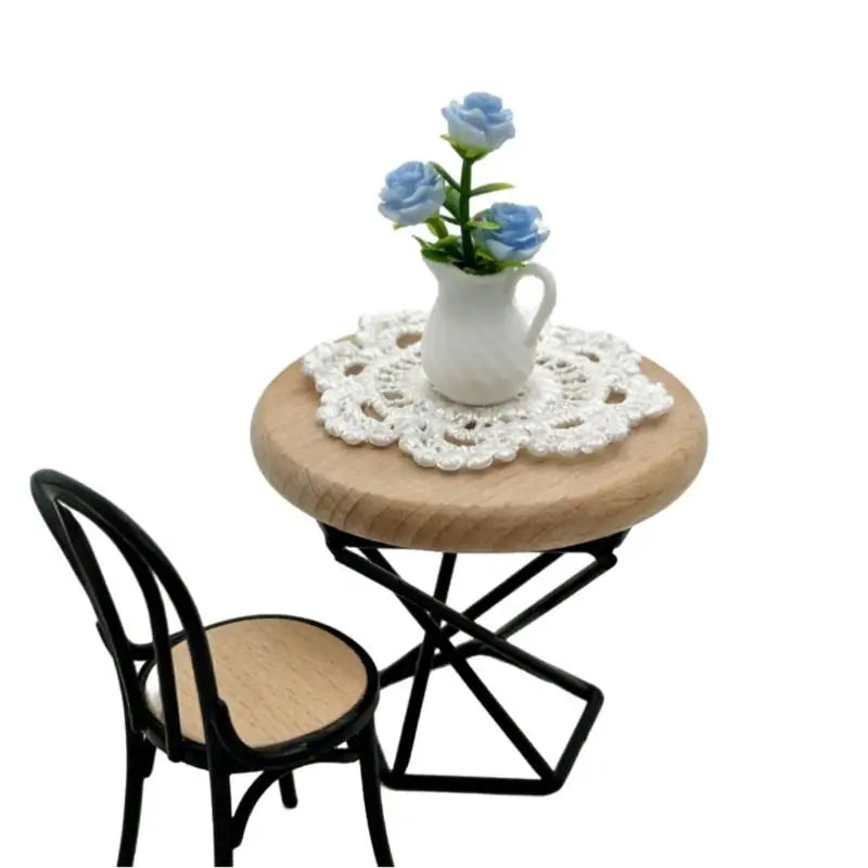 miniatures table chaises bibliothèque vases dentelle bois clair blanc bleu vert rustique champêtre résine