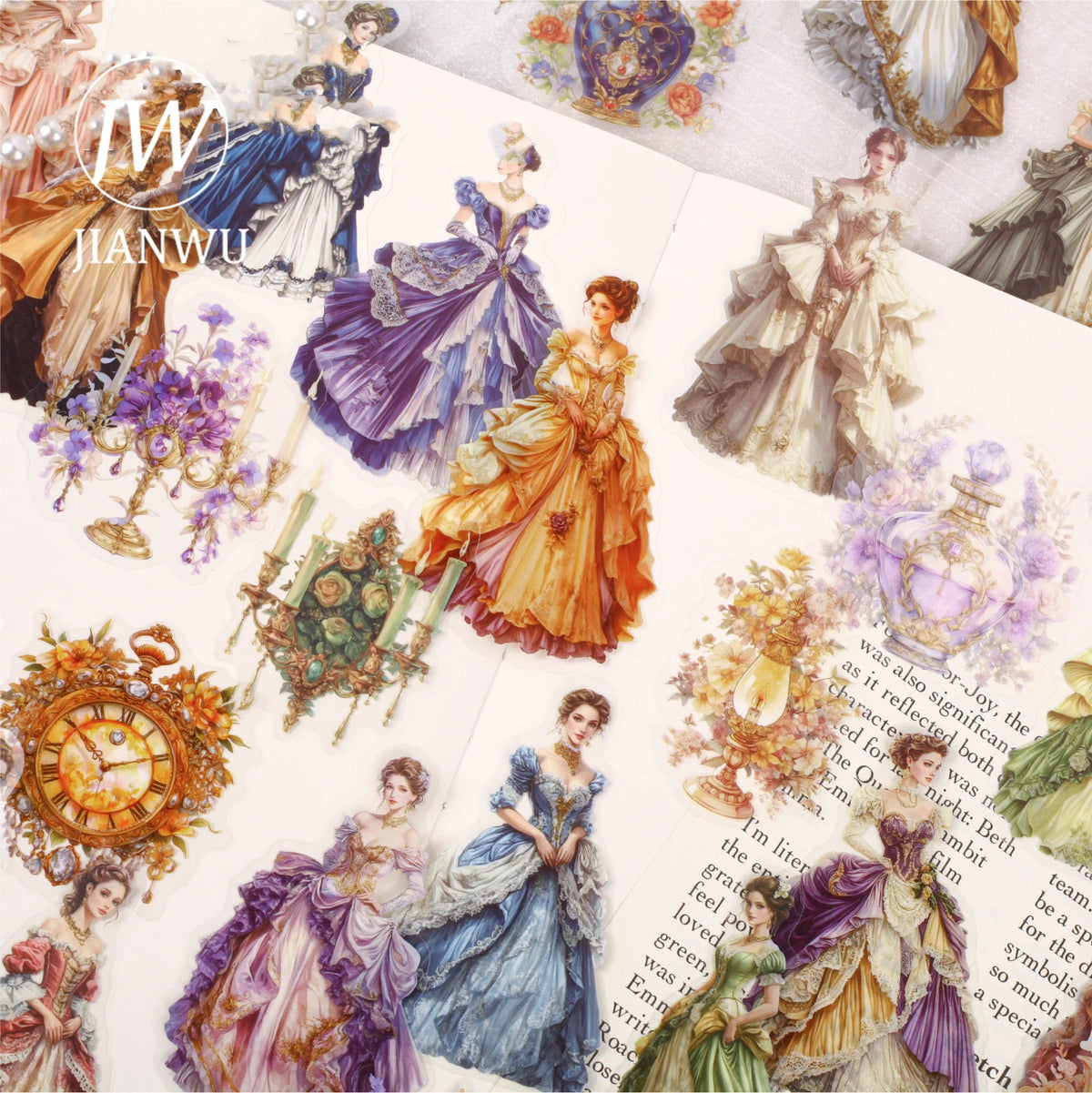 stickers décoratifs rococo baroque vintage femmes robes d'époque floral bougeoirs horloges miroirs roses adhésifs
