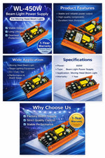 transformateurs alimentation projecteurs scène lampes faisceau mobiles circuits imprimés condensateurs bobines orangers grisés jaunes