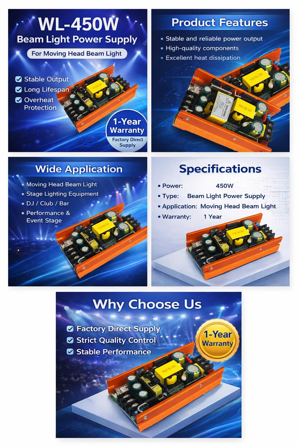 transformateurs alimentation projecteurs scène lampes faisceau mobiles circuits imprimés condensateurs bobines orangers grisés jaunes