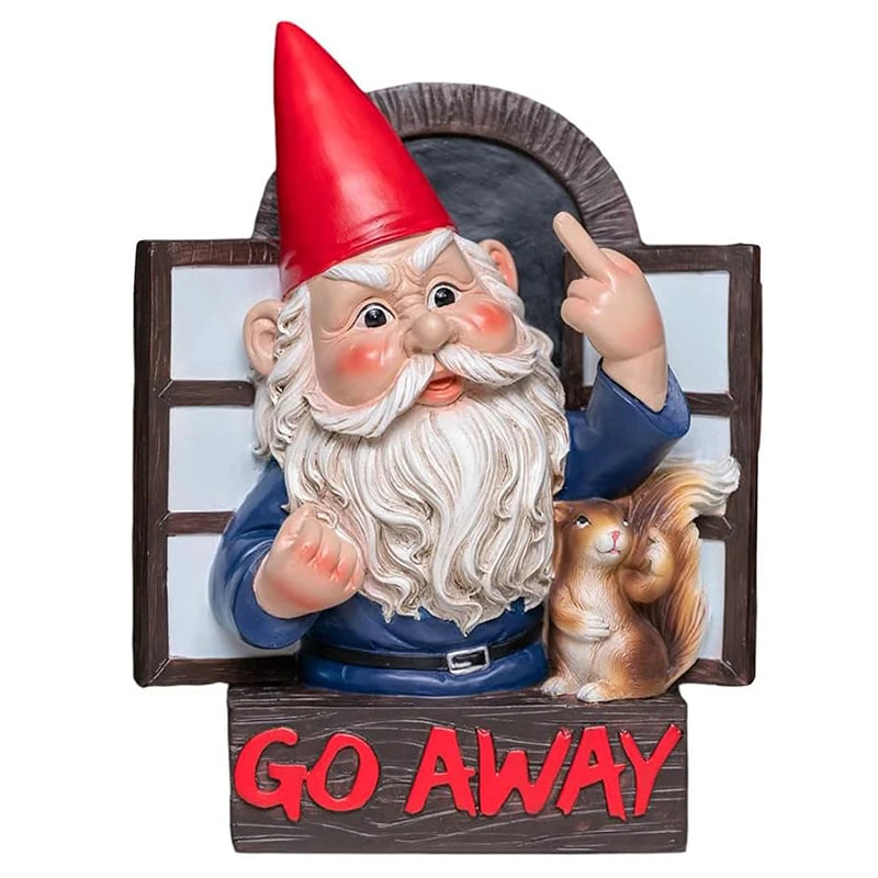 statue gnome humoristique résine rouge blanc bleu écureuil plaque go away noel decoration exterieure