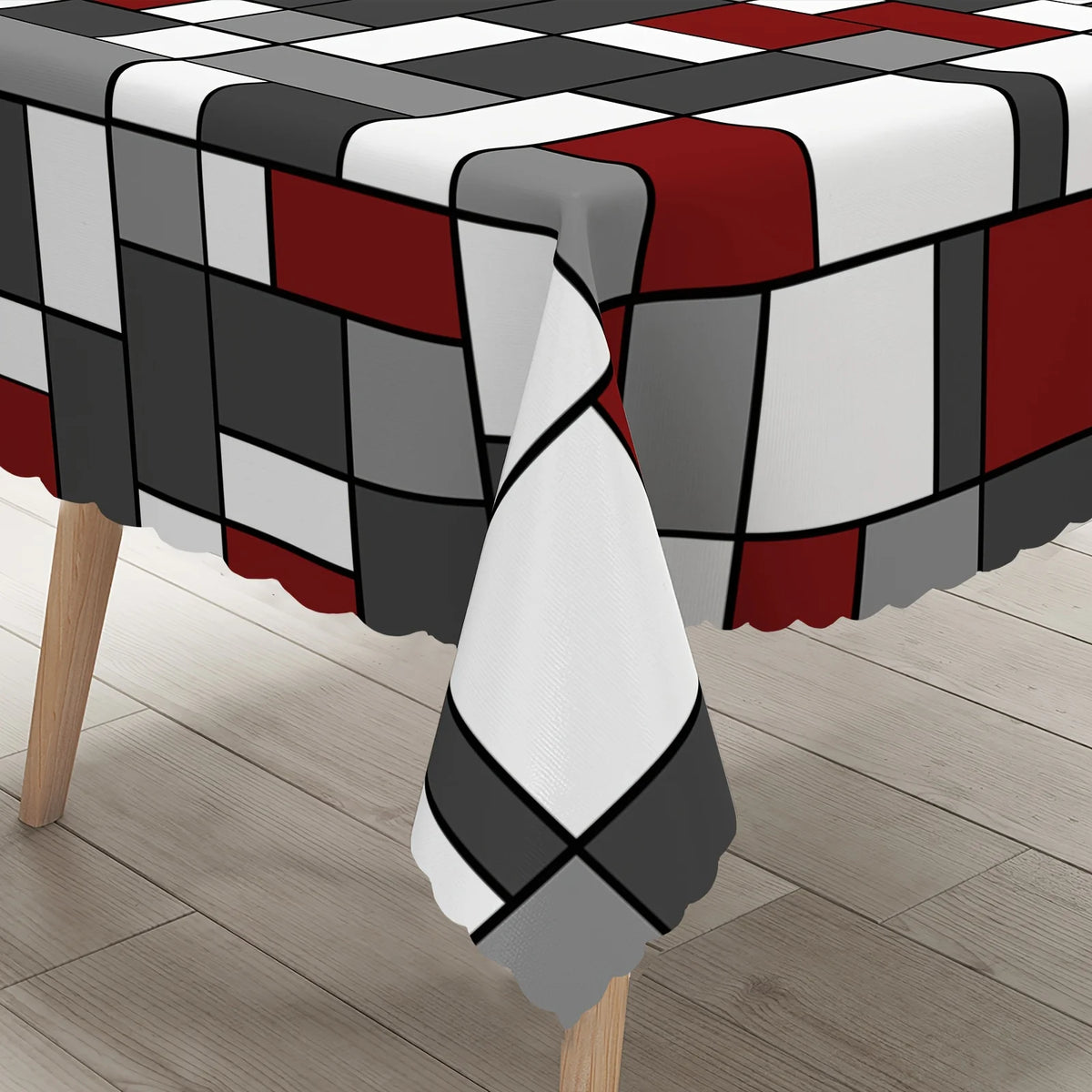 nappe table géométrique rouge gris blanche moderne polyester réutilisable 140x180cm