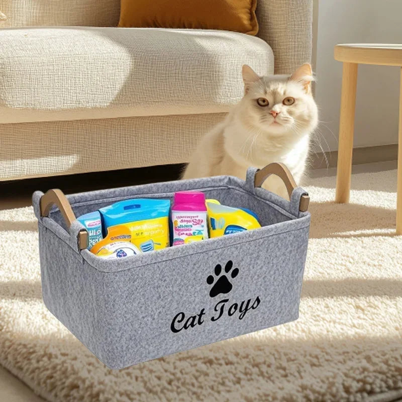 panier rangement jouets chat gris patte chat cat toys poignées bois moderne ecologique decointérieur