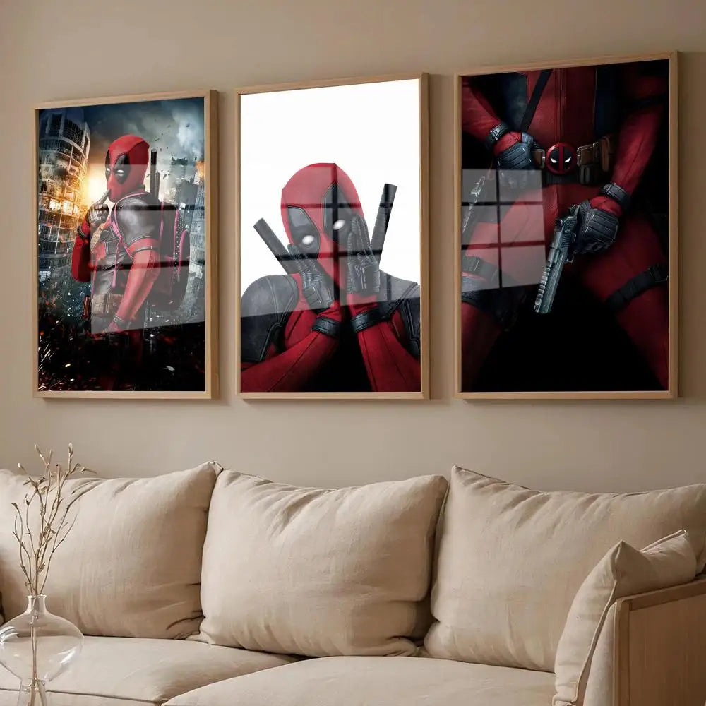 affiches deadpool pop art moderne cadre bois rouge noir gris blanc texture super héros