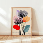 affiche moderne toile fleurs stylisées taches noires multicolore rouge noir blanc rose jaune bleu