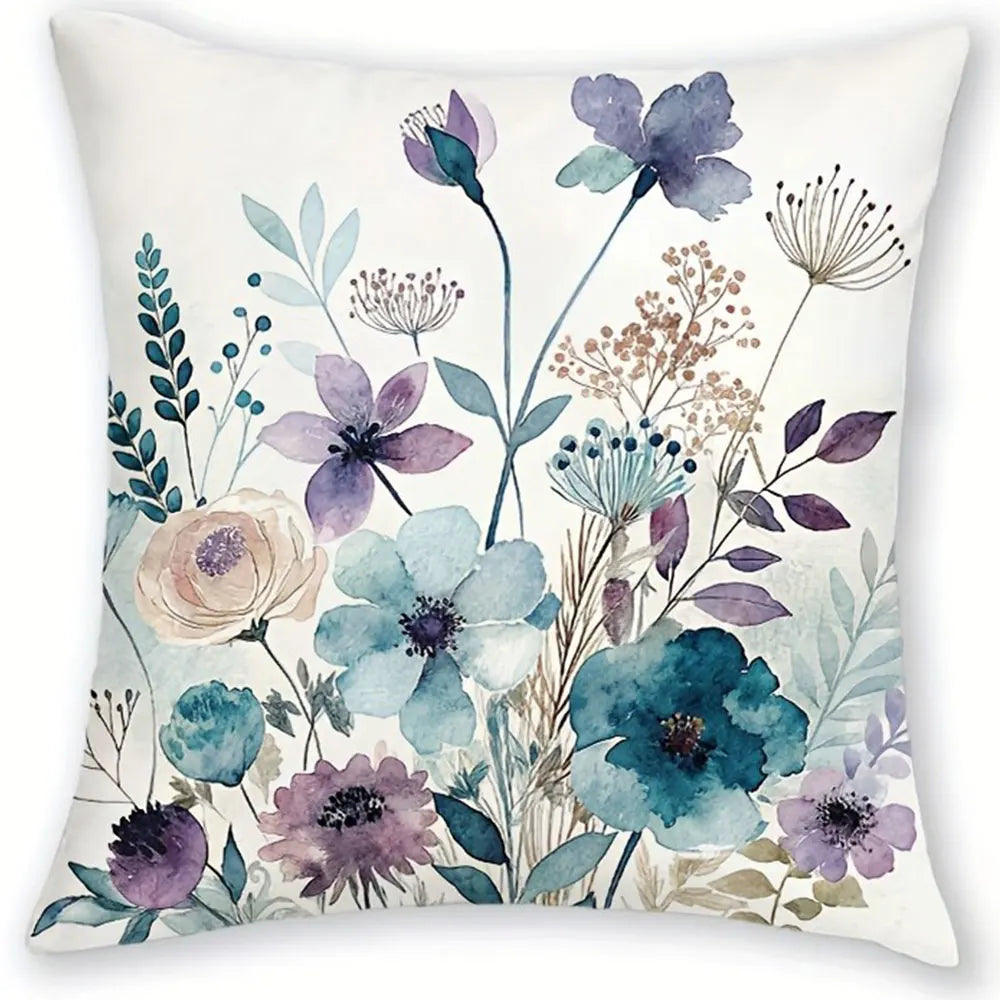 housse coussin polyester motif floral bleu violet rose moderne blanc