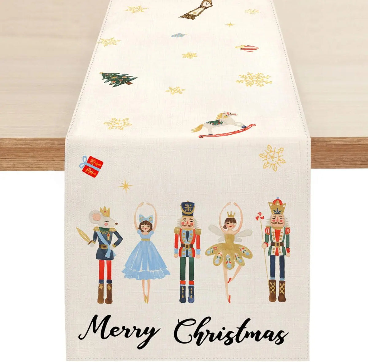 Ce chemin de table aux motifs de personnages de Noël et de flocons de neige, accompagné de l'inscription "Joyeux Noël", crée une ambiance festive et chaleureuse pour les fêtes.