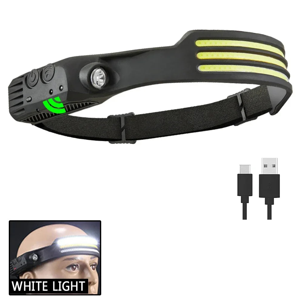 lampe frontale rechargeable noir jaune rayures horizontales boucle ajustable camping pêche