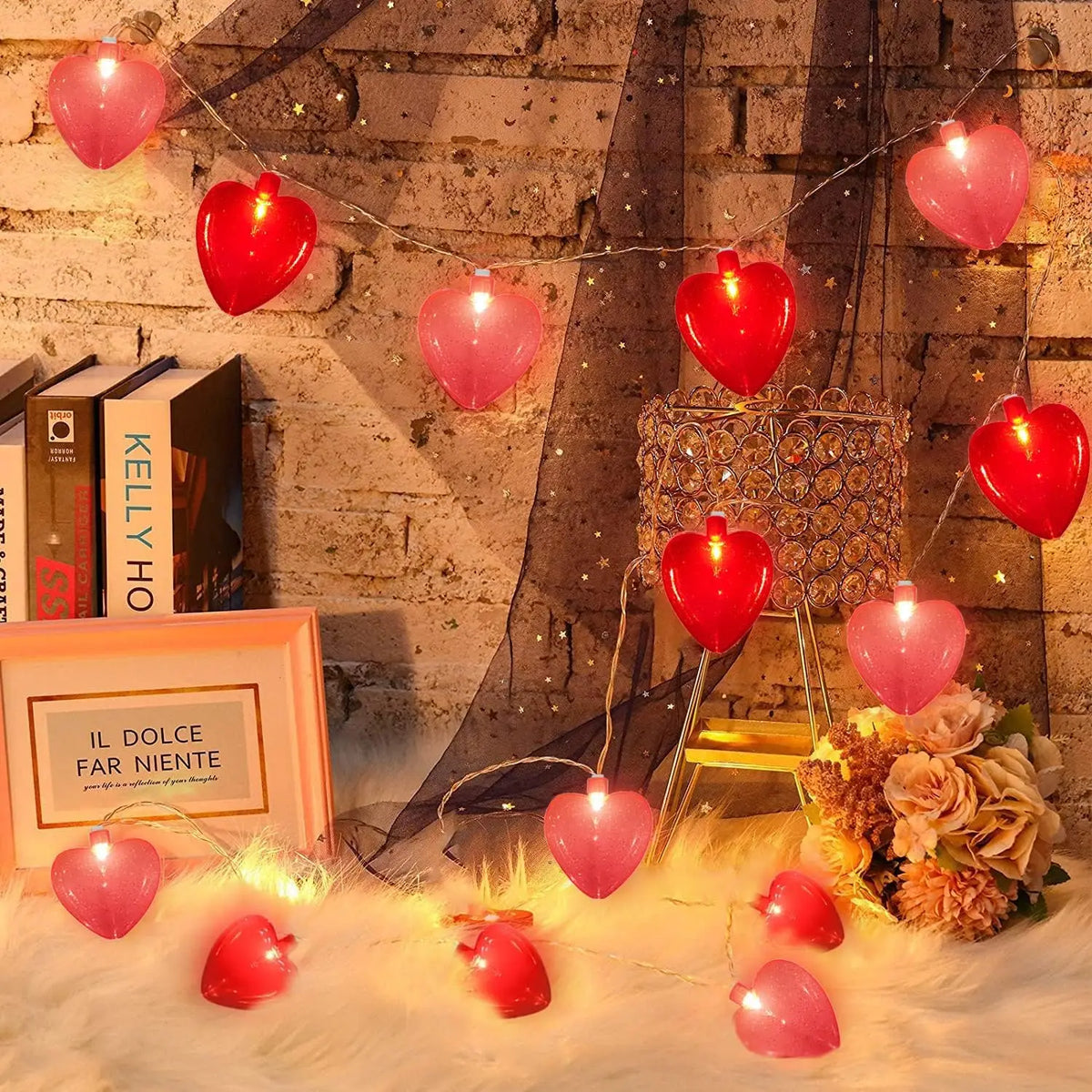 guirlande lumineuse coeurs rouge rose moderne clips autonomes led piles