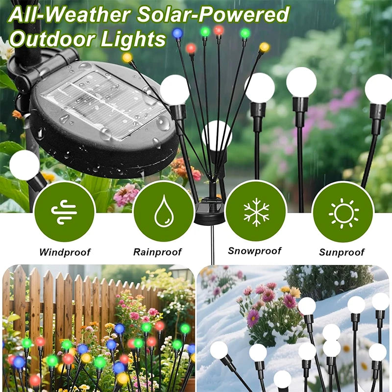 éclairage paysager solaire led moderne boules lumineuses colorées branches métalliques fixation tige terreextérieur nocturne