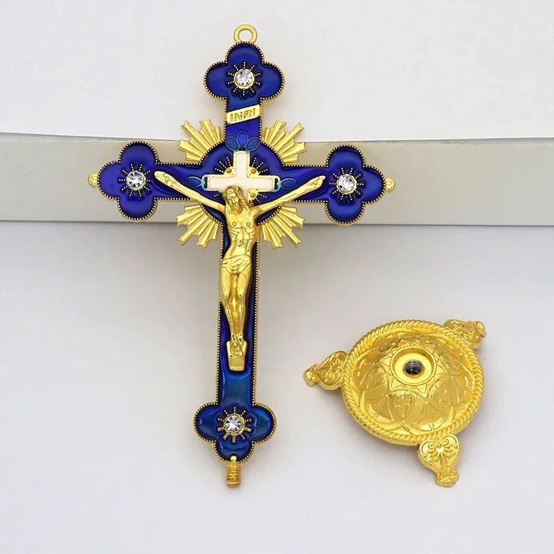 croix murale artisanale or rouge bleu décorative religieuse maison chambre prière fleurs solaires