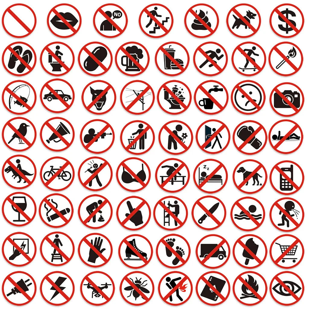 autocollants graphiques interdits panneau noir blanc icônes simples 63 pièces