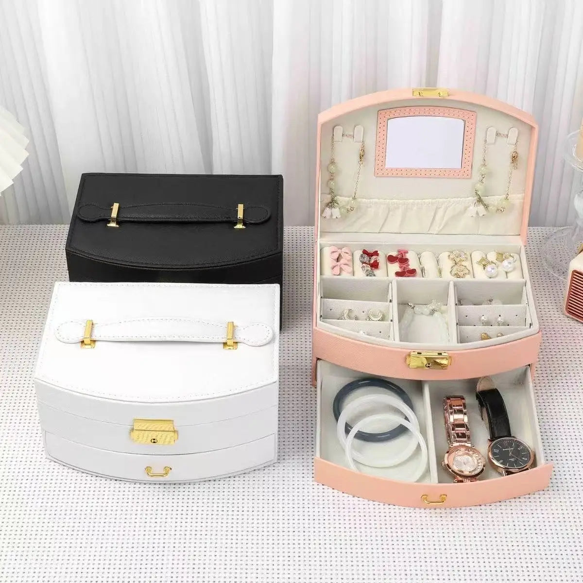 boîte bijoux simili cuir noir blanc rose classique miroir intégré poignées dorées portable pliable