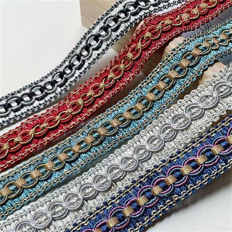 ruban décoratif dentelle polyester 2cm noir gris rouge bleu violet motif circulaire classique partie