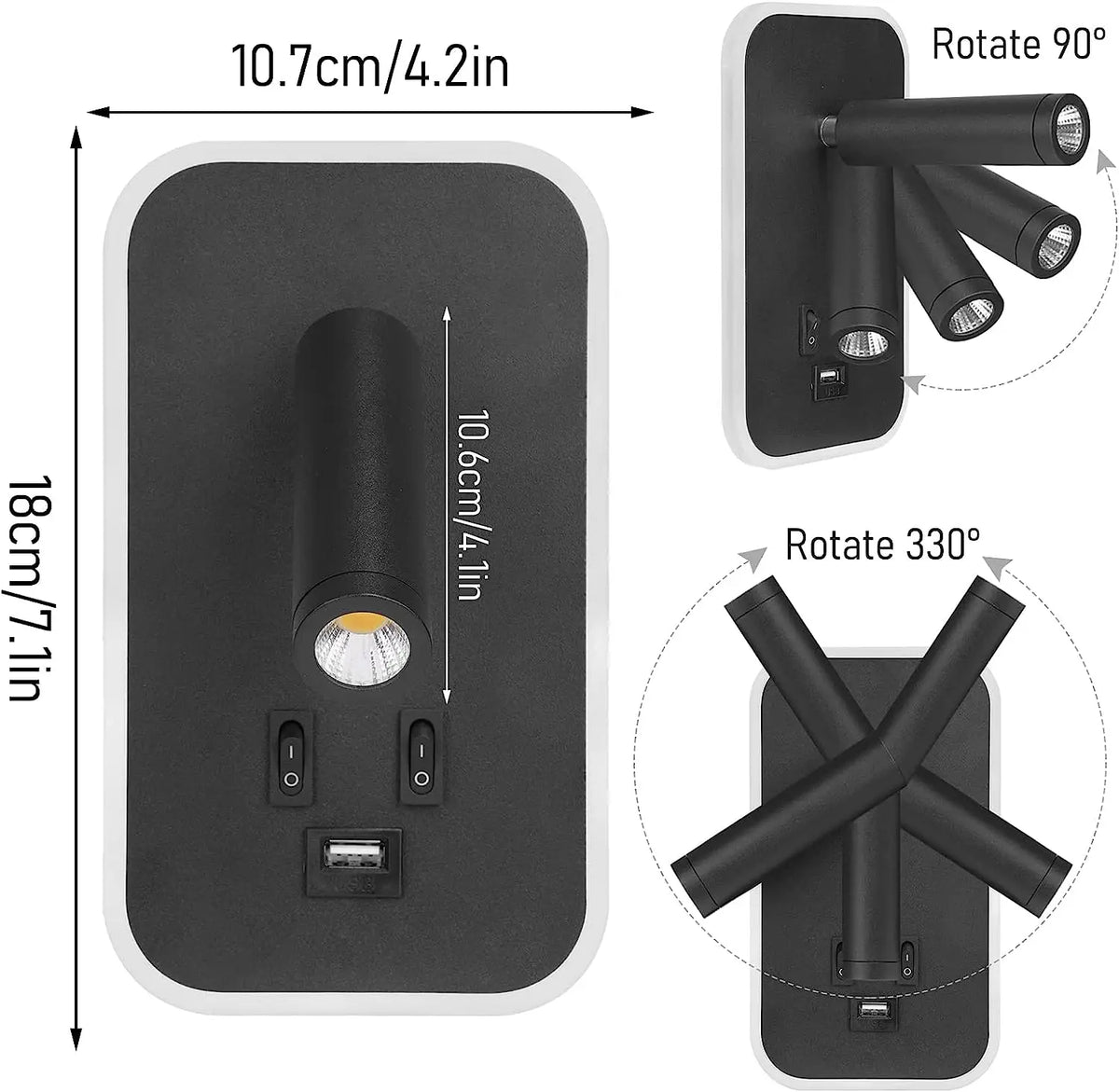 applique murale led noir orientable usb ambiance chambre étude entrée moderne minimaliste