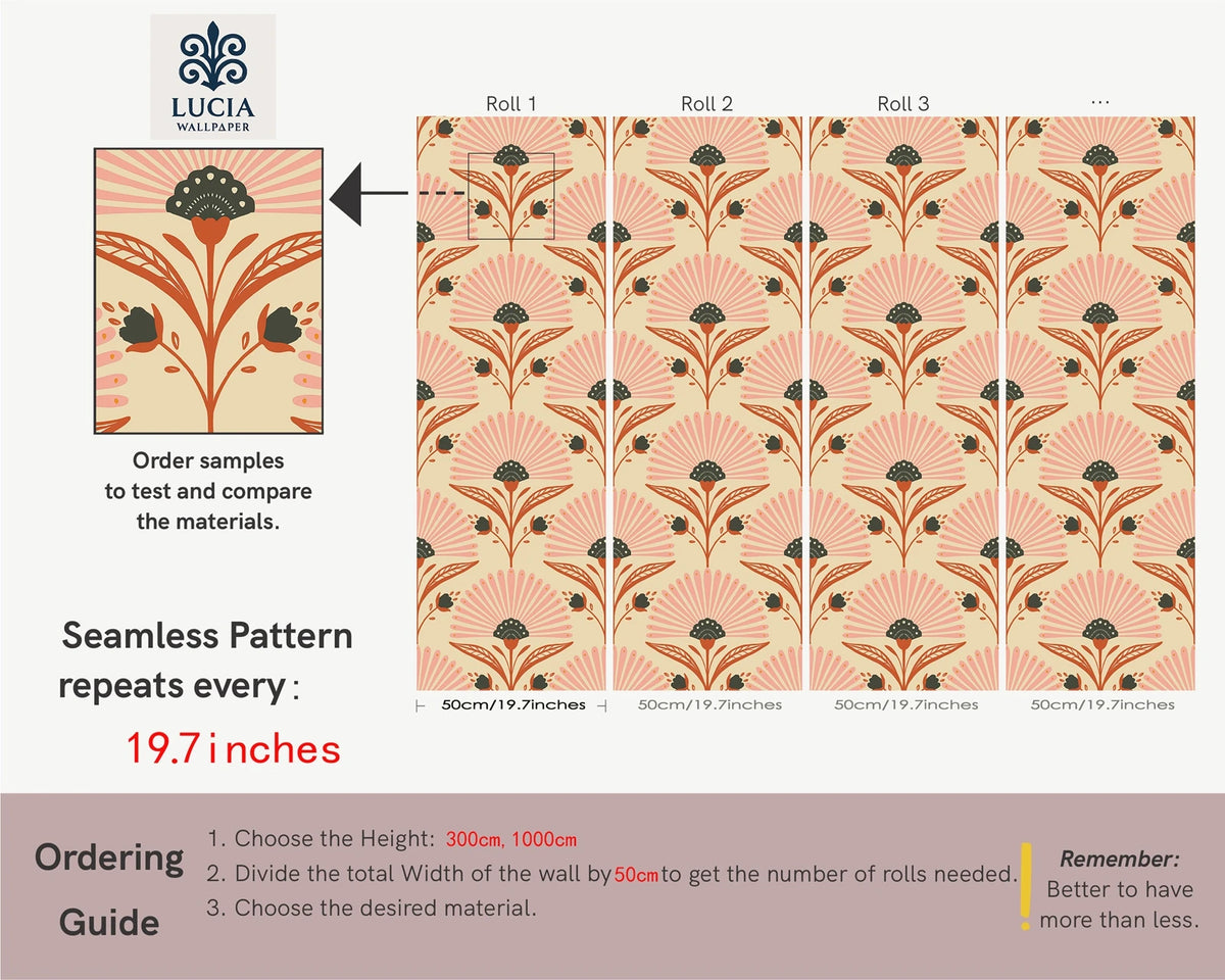 papier peint fleurs stylisées art déco beige rose noir résistant humidité autocollant chambre cuisine