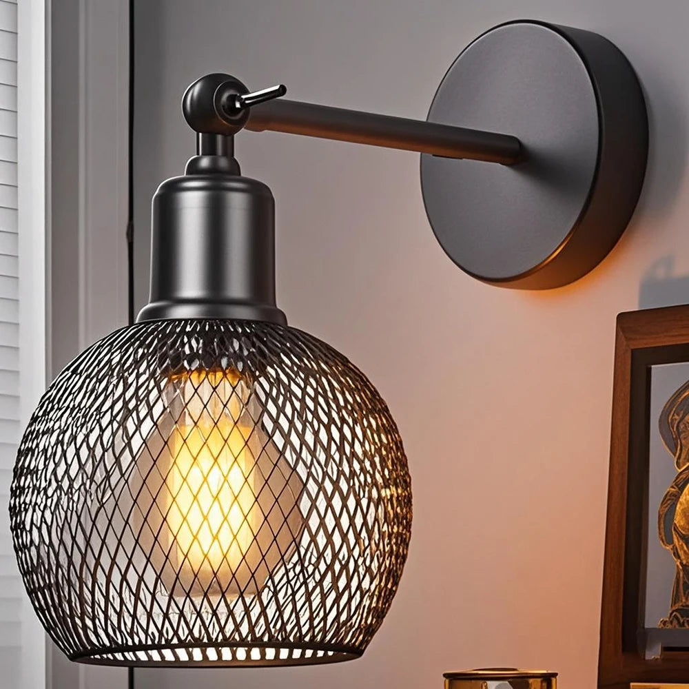 lampe murale industrielle métal noir fixée mur abat jour maille luminaire chambre coucher salon