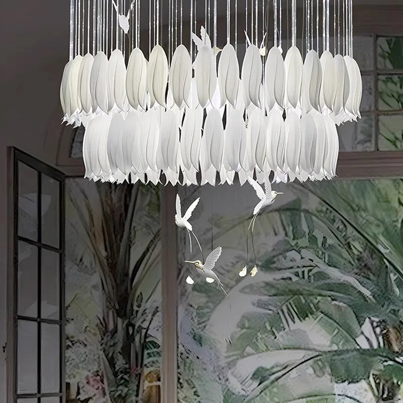 suspension lumineuse moderne blanc feuilles fines chaines minimaliste led