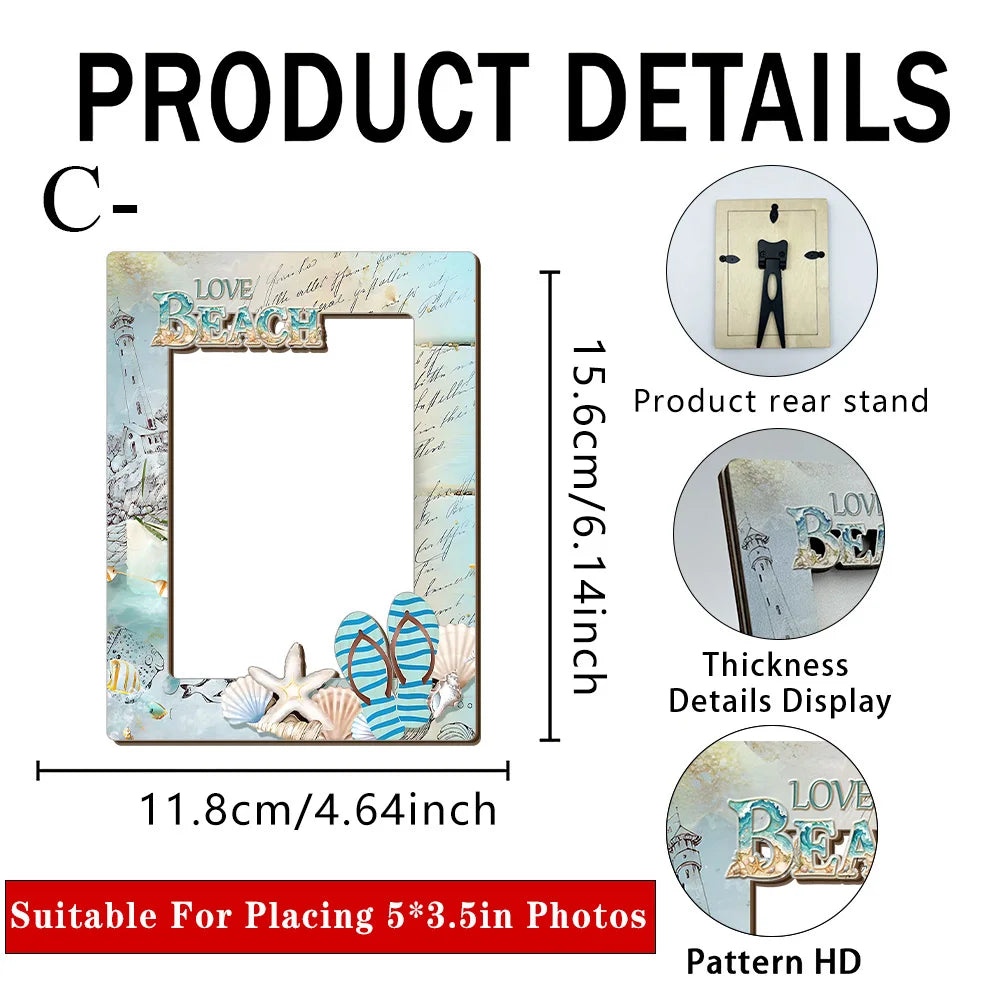 cadre photo thème plage coquillages hippocampes lettrage Love Beach clips noirs bleu clair beige