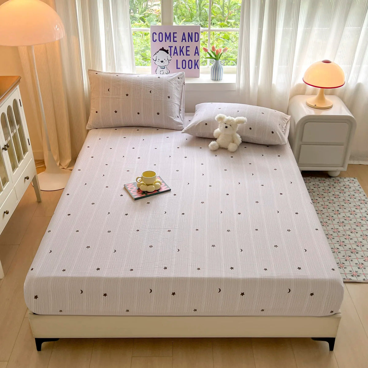 draps lit rayés gris moderne élastique coton polyester adultes housse lit coussins tasse plateau