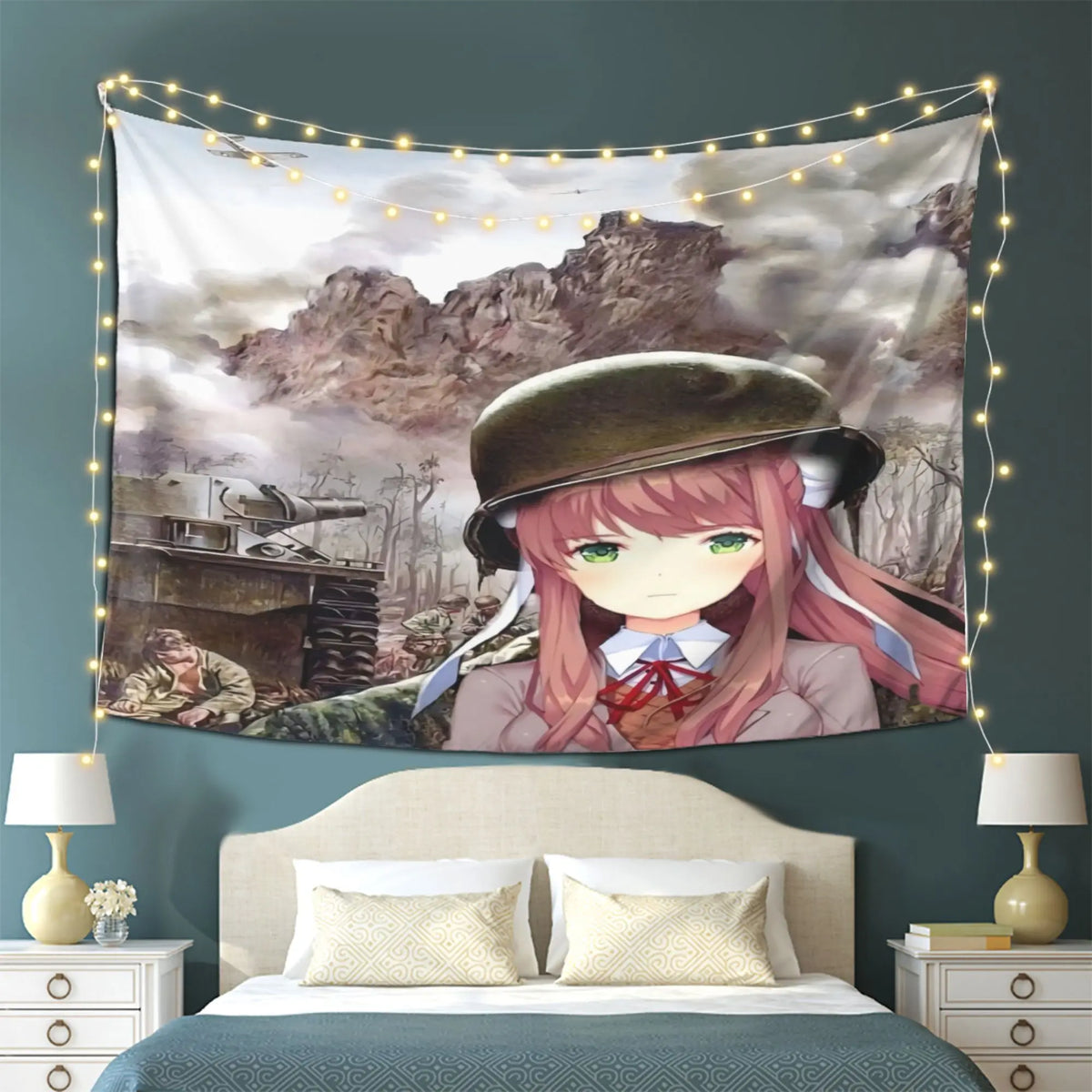tapisserie anime illustration fille casque militaire paysage montagneux vert olive rose clair chambre salon