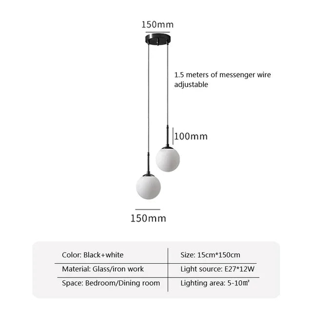 suspension lumineuse ornement sphérique blanc matière transparente moderne fixation câbles inclusion câble électrique