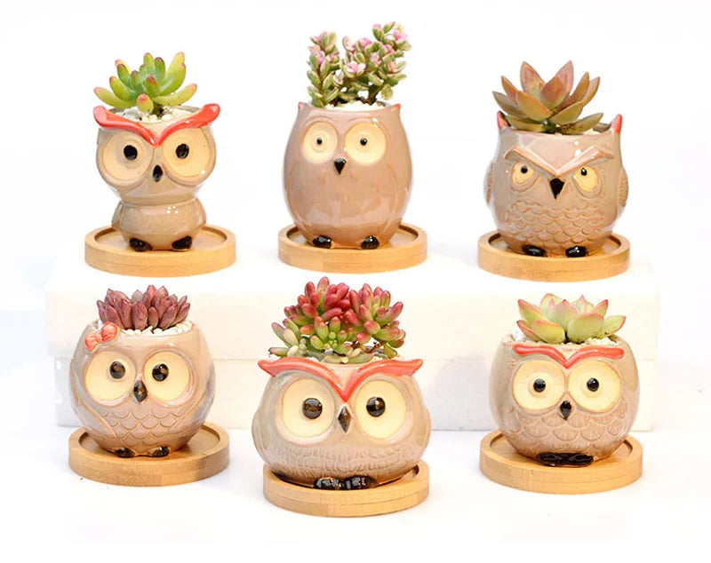 cache pots oiseaux céramique glacé beige rose noir yeux relief moderne intérieur fleurs plantes
