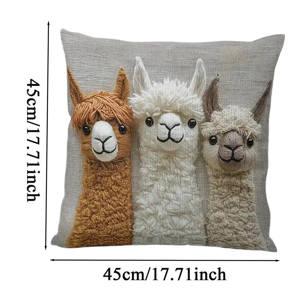 housse coussin lamas brodés fond texturé beige marron anniversaire noel décoration chambre