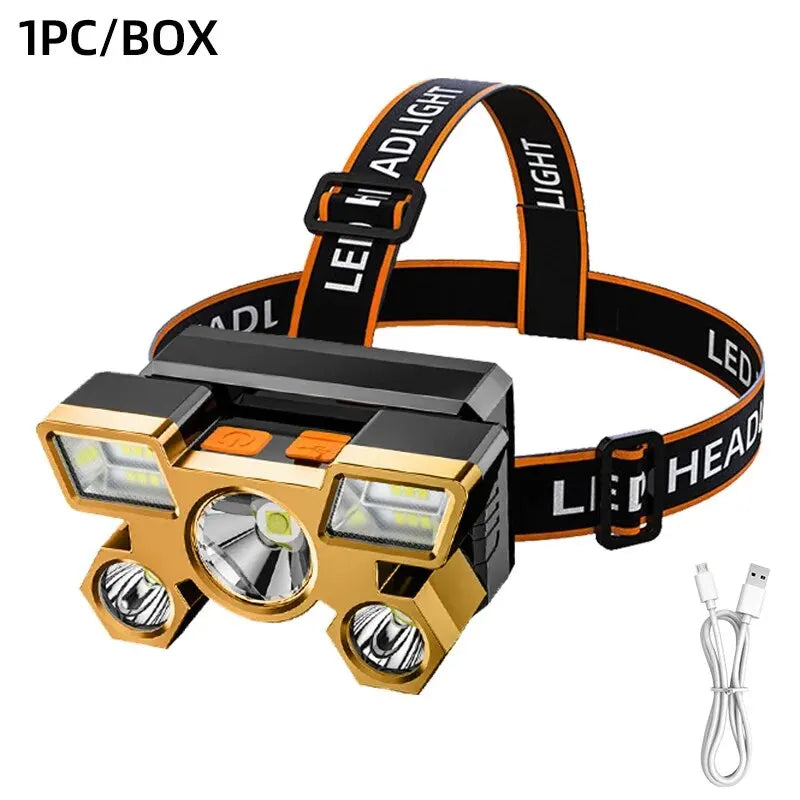 lampe frontale rechargeable or noir moderne câble usb chargeur ceinture ajustable led camping pêche