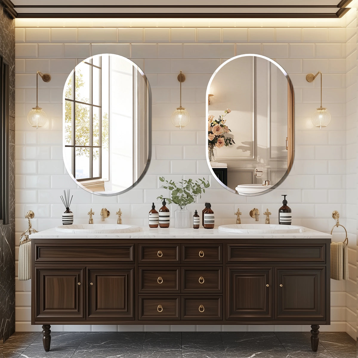 miroirs sans cadre portable moderne vasque marbre blanc meuble bois foncé salle bain adhésif