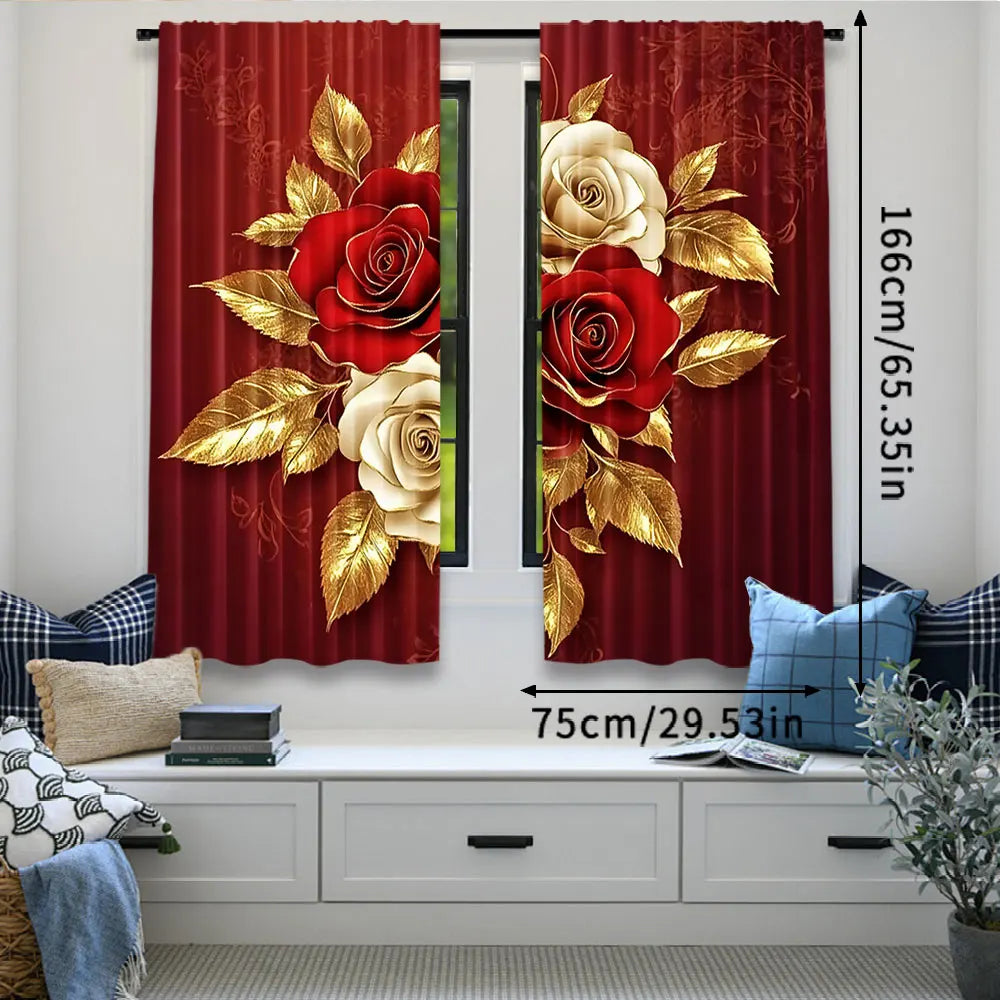 rideau moderne rouge doré roses feuilles polyester opaque deux panneaux