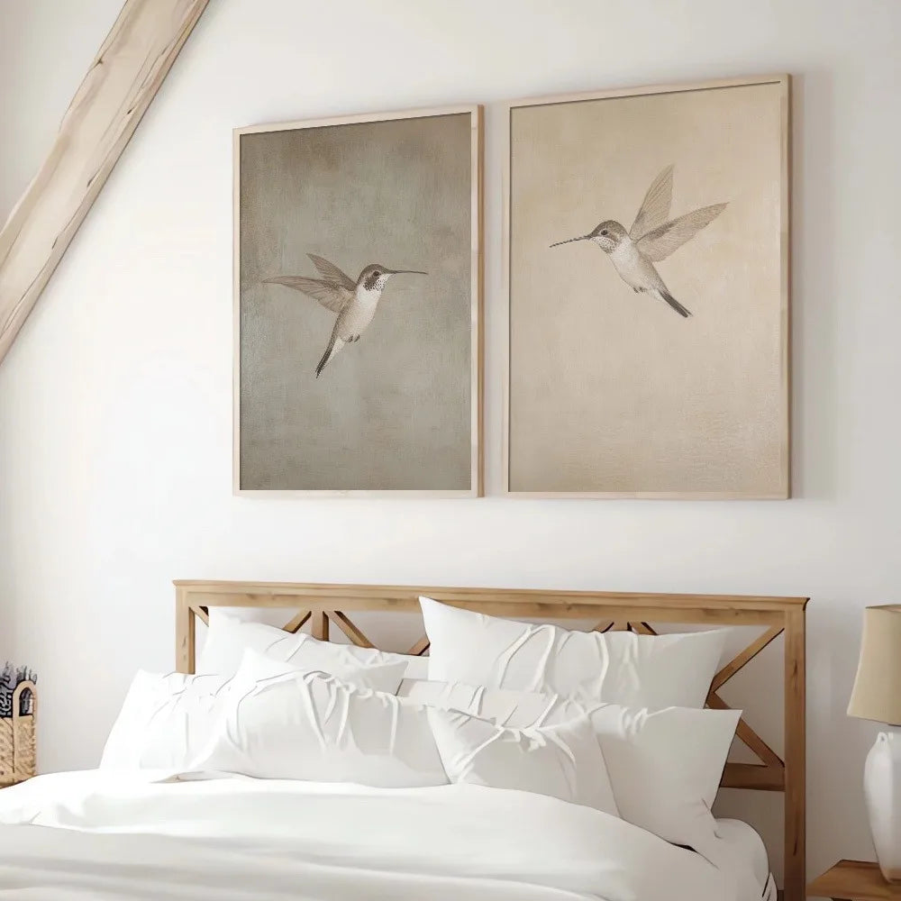 tableau oiseau volant classique toile coton beige gris noir sans cadre impression chambre salon