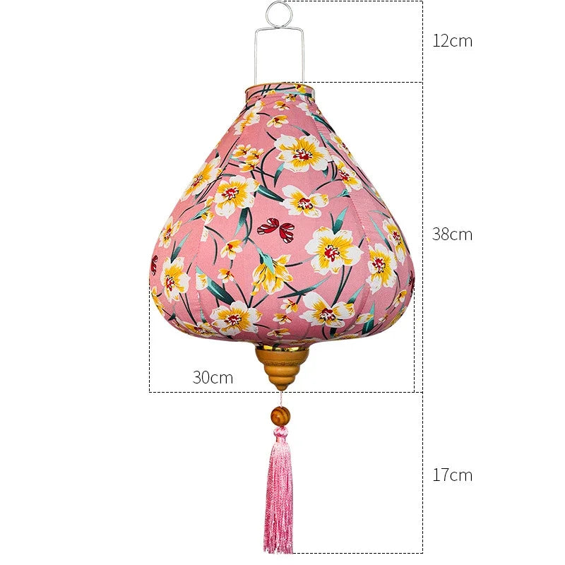 lanterne japonaise traditionnelle rouge fleurs décorative artisanale pompon bois suspendue