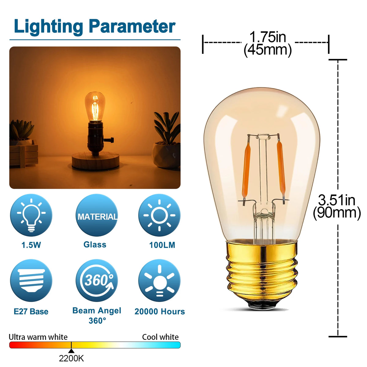 ampoule led filament vintage edison verre ambre 1.5w e27 ac 110v 220v dc 12v