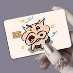 autocollants protection cartes bancaires dessins animés personnages porc oiseau violet vert blanc illustration