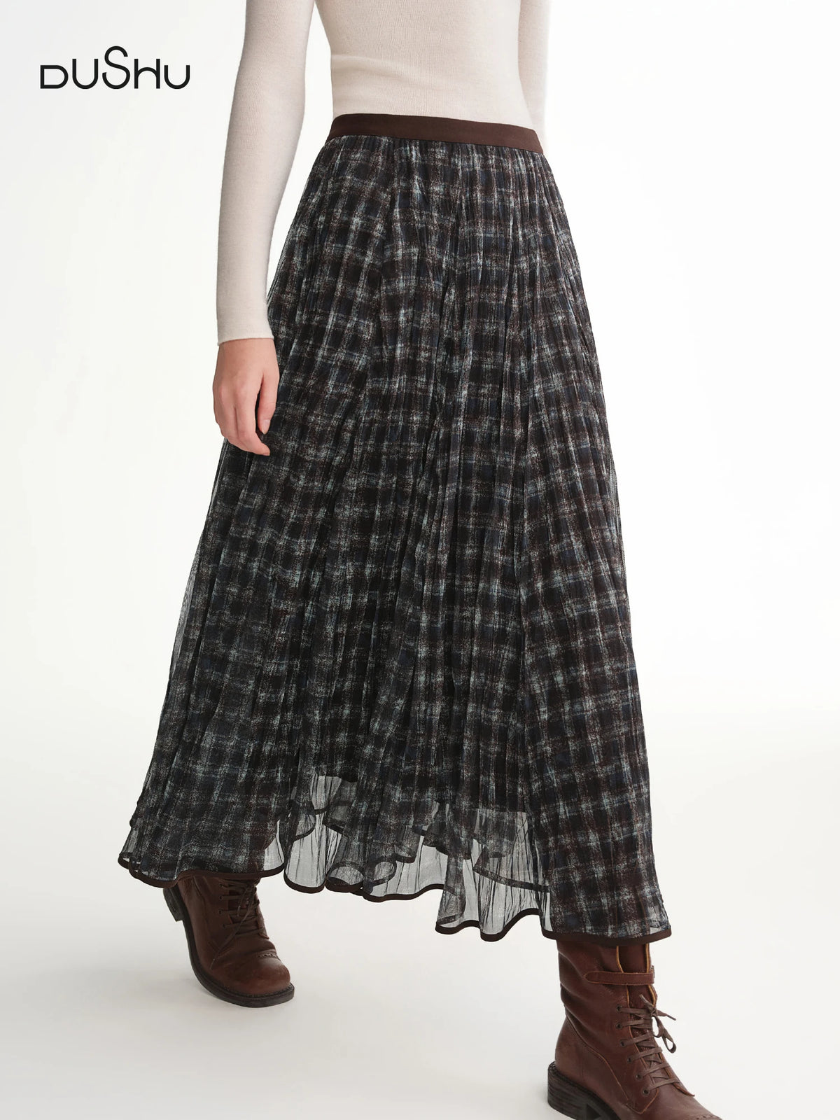 jupe plissée carreaux gris noir femme hiver classique polyestère loose midi