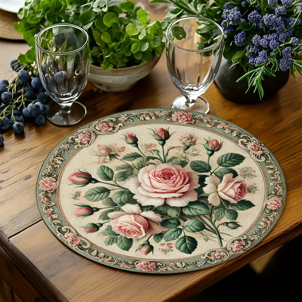 napperons floraux vintage lavables table rose vert feuilles motif classique pièces 38x38cm