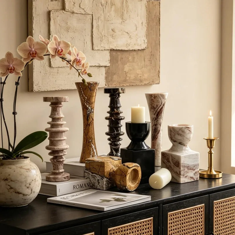 décoration maison moderne vase support bougie marbre noir blanc bois naturel minimalisteintérieur salon chambre
